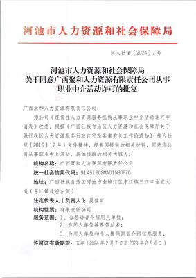 河人社函〔2024〕7号关于同意广西聚和人力资源有限责任公司从事职业中介活动许可的批复
